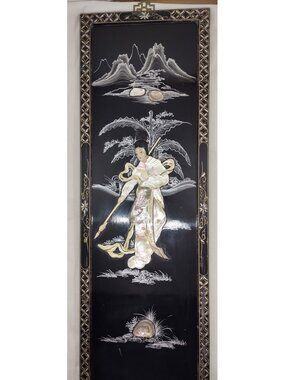 Large Vintage Asian Lacquer Mother of Pearl Inlay Multi Tone Figural Panel